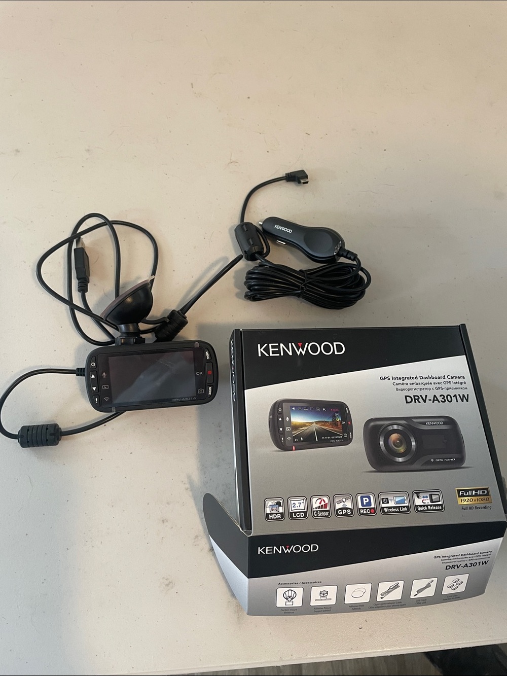 Kenwood DRV-A301W Dash Camera Kit in Black and White Packaging
